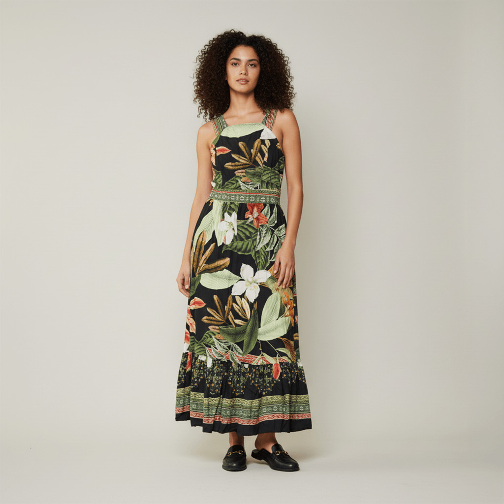 Vestido Longo Floral Tropical com Babado Bege Feminino