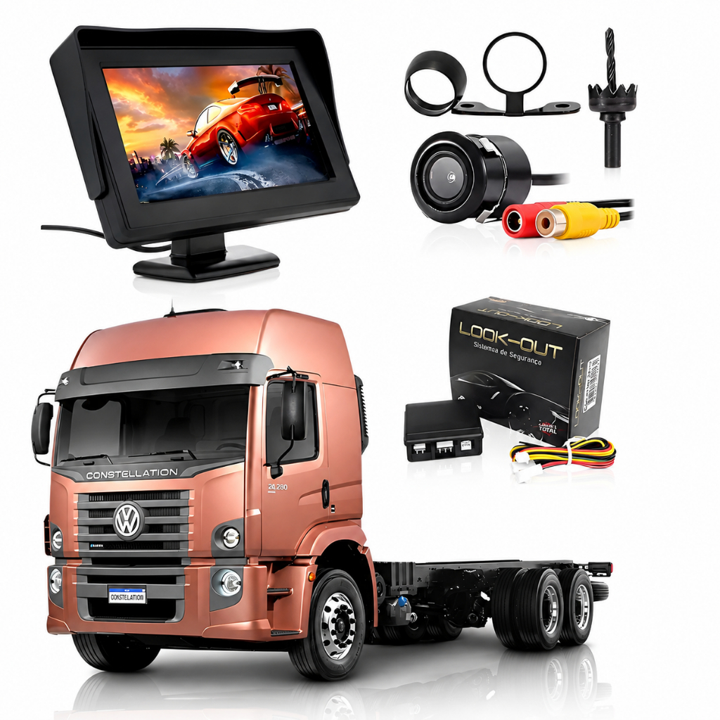 Kit Monitor LCD 4.3 Polegadas Com Câmera De Ré 24v Visão Noturna Caminhão Onibus Van Carro