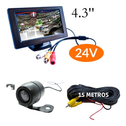 Kit Monitor Tela 4,3 Polegadas colorida 24 volts Câmera de Ré 15 metros de cabo Caminhão Ônibus Van