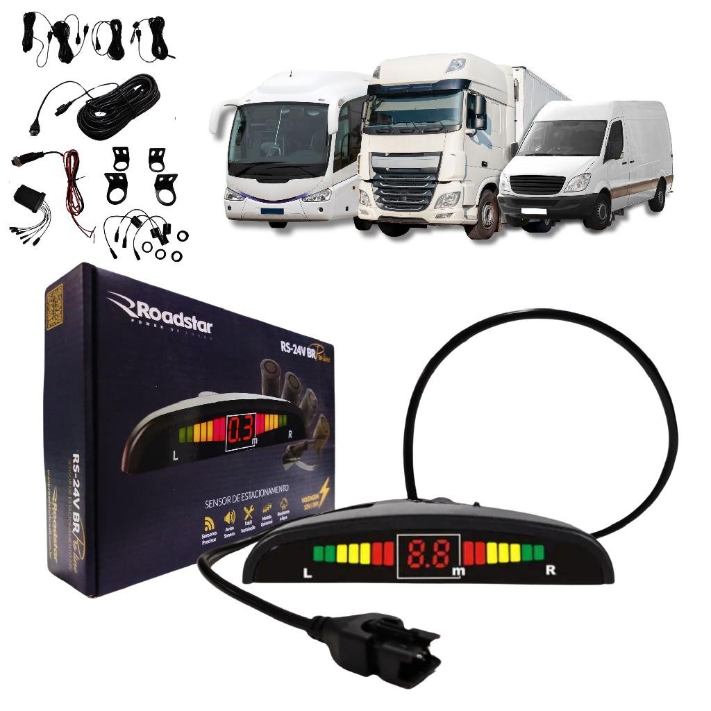 Sensor Estacionamento Caminhão Van Onibus 24V Aviso Sonoro 4 Pontos Universal Preto Fosco