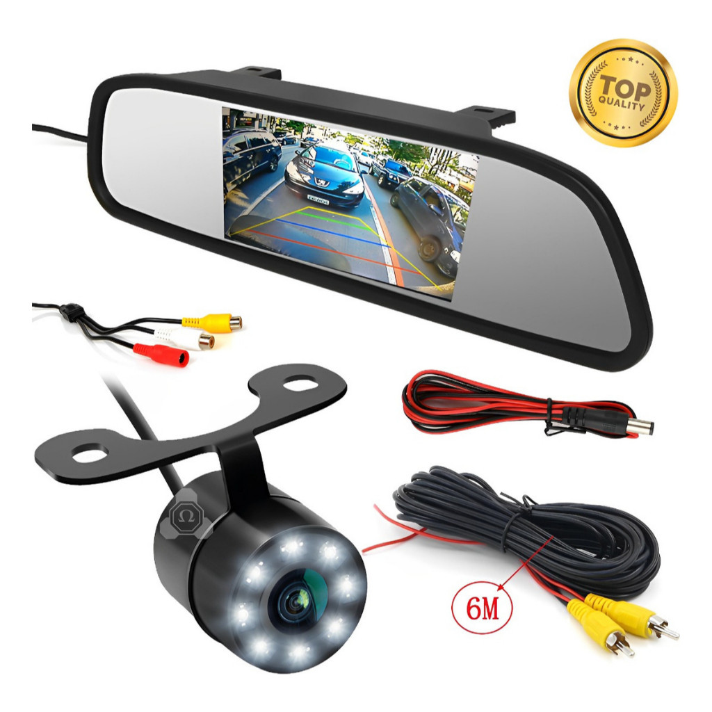 Kit Retrovisor/Espelho Tela Lcd Monitor 4.3  + Câmera de Ré Infra Vermelho Universal para Caminhão Bau Van Escolar