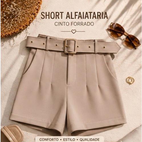 Short Alfaiataria Feminino Cintura Alta com Cinto Dourado - Elegante, Casual e Confortável