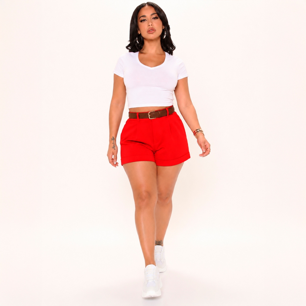 Short Alfaiataria Cinto Couro Bermuda Cintura Alta Feminina Shortinho Cós Alto Liso Luxo Pr