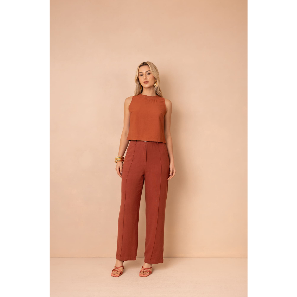 Calça Reta Feminina em Viscose com Linho Cintura Alta com Cinto Alfaiataria Slim e Plus Size