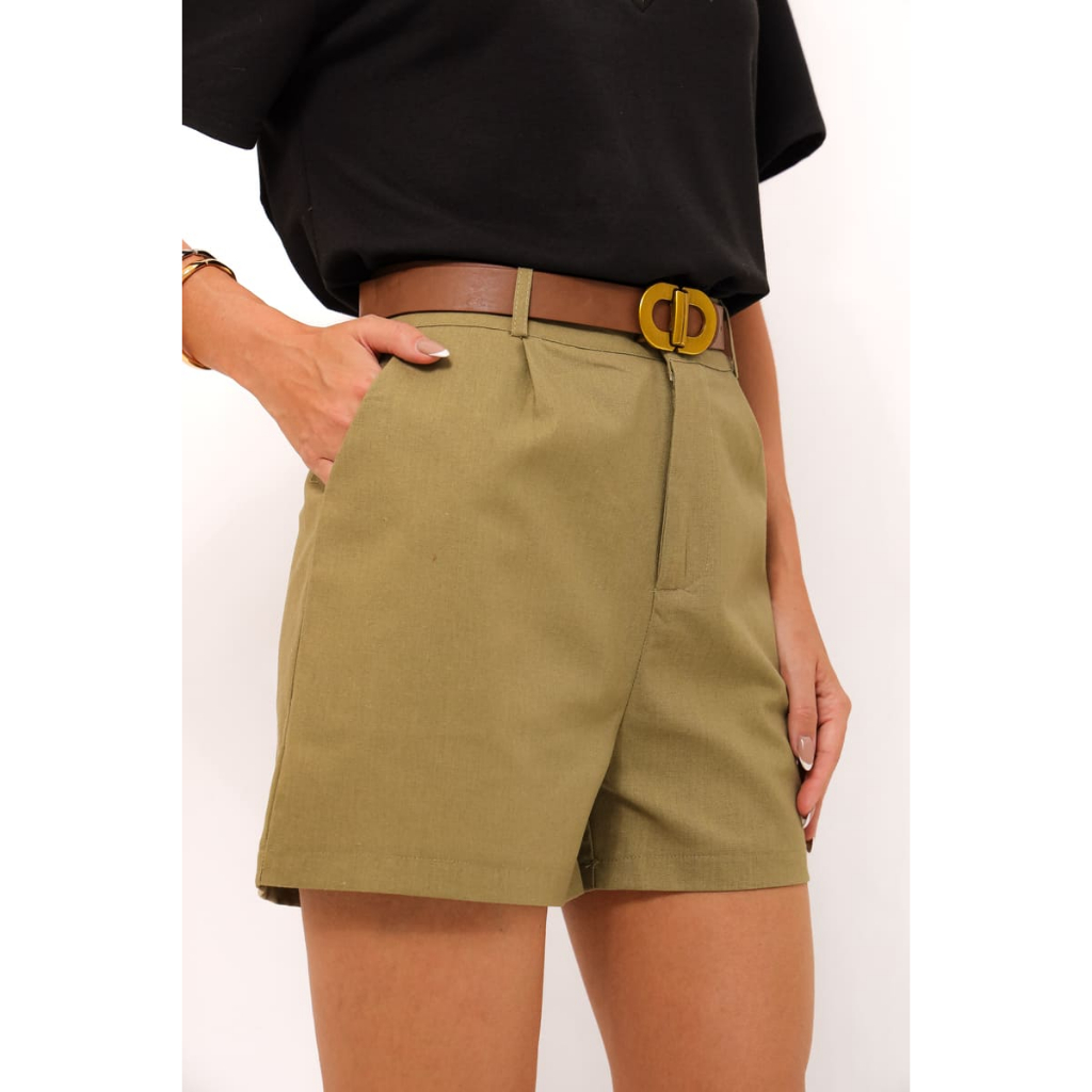 Short Feminino com Cinto Slim Plus Size Cintura Alta Alfaiataria Social Bolso Moda Verão