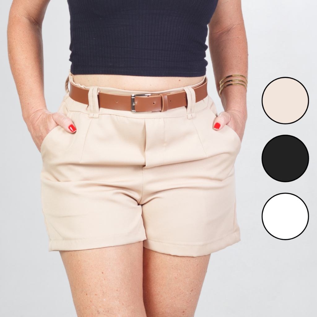 Kit 2 Short Alfaiataria Feminino Social Com Cinto Verão Cintura Alta Com Bolso Elegante