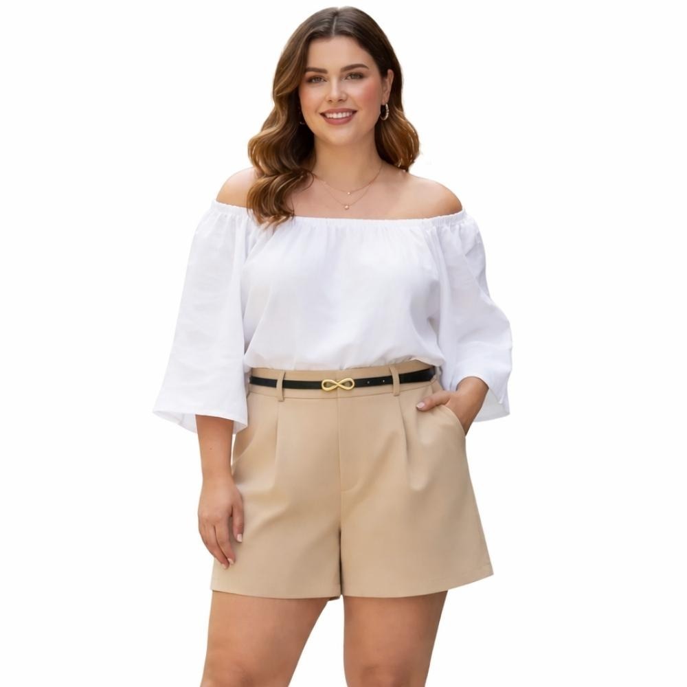Short Plus Size Alfaiataria Feminino Cintura Alta Com Cinto Grátis Casual Elegante