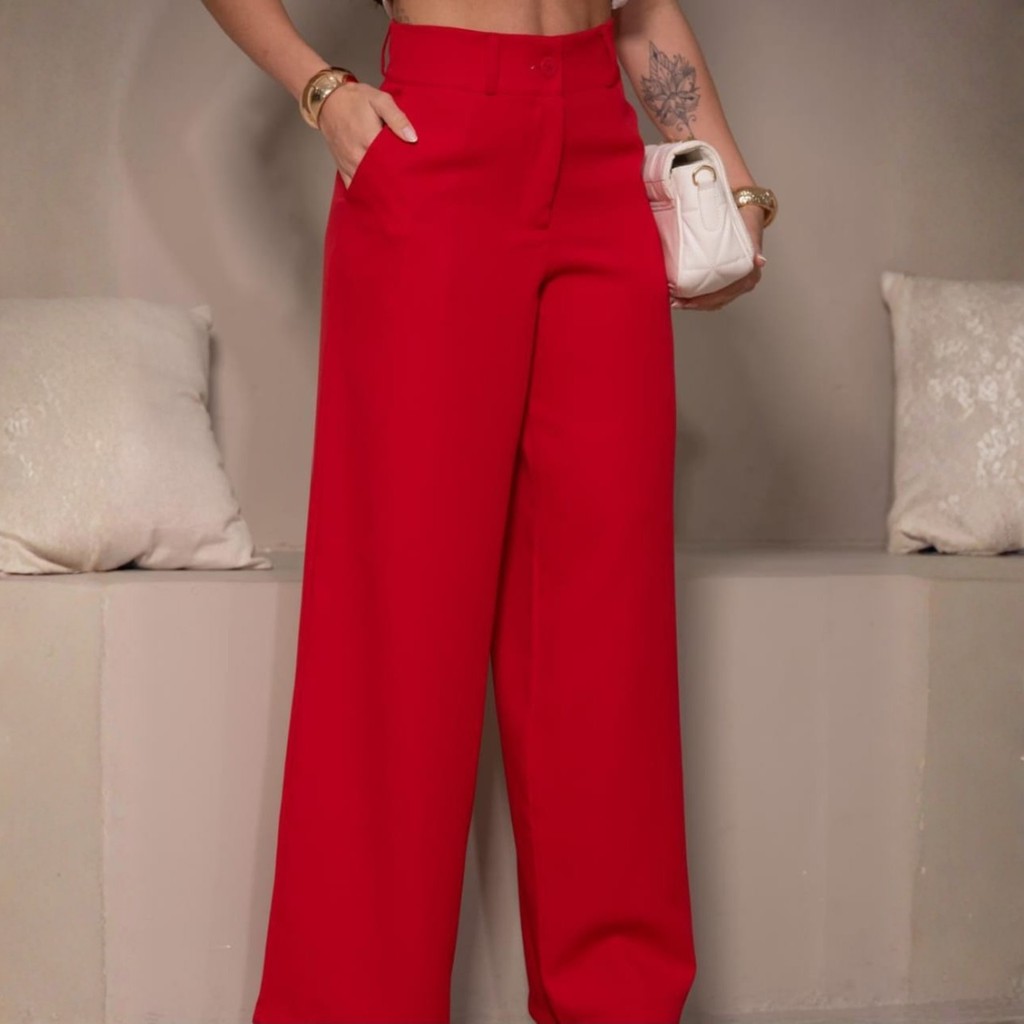 Calça Pantalona Feminina Alfaiataria  com bolso lateral Social Cintura Alta com cinto