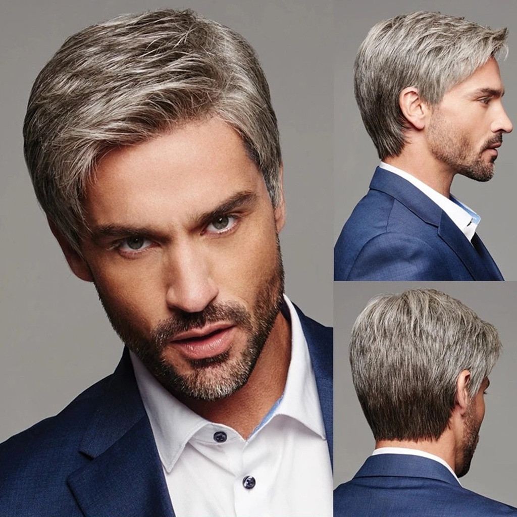 Nova Peruca Masculina Moda Cabelo Curto Cinza Prateado EZEC