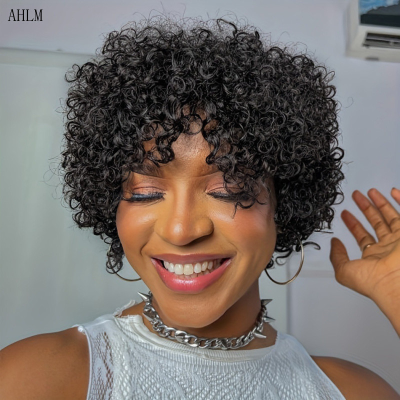Perucas de Cabelo Humano Curto Estilo Pixie, Cabelo Afro Cacheado Natural, Cor Preta 2MML