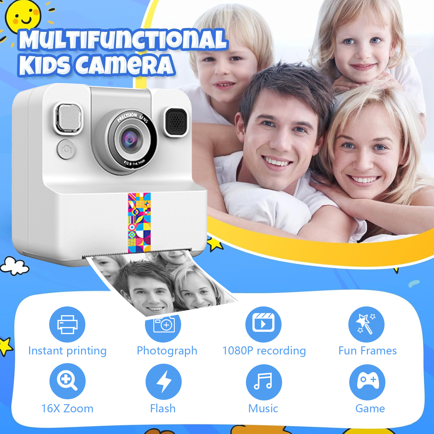 Mini Impressora Fotográfica Infantil Câmera De Impressão Instantânea Com Foto De 48MP 1080P HD Vídeo 16X Zoom 180 Lente