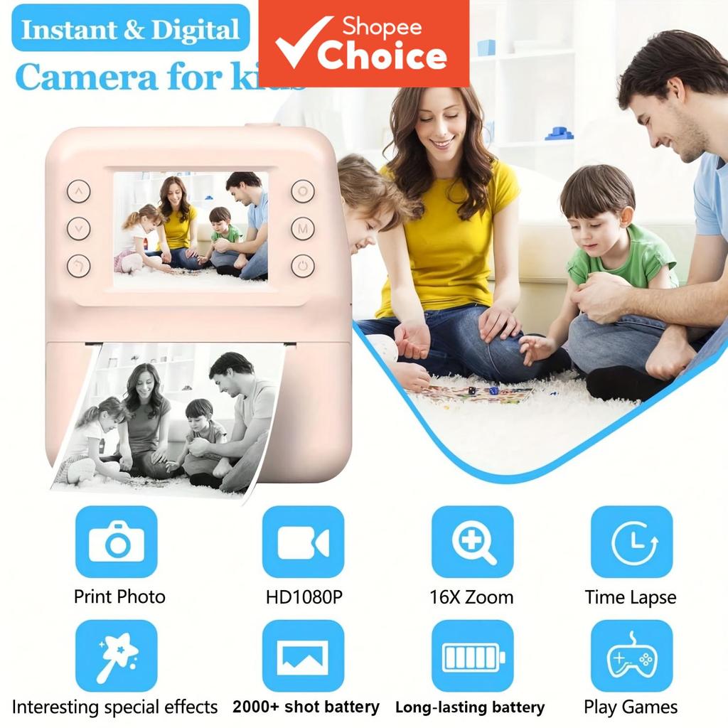 Câmera Instantânea Infantil Impressão Digital, Filmadora Térmica 48MP 1080P com MP3, Presente Ideal Para Meninos de 3 a