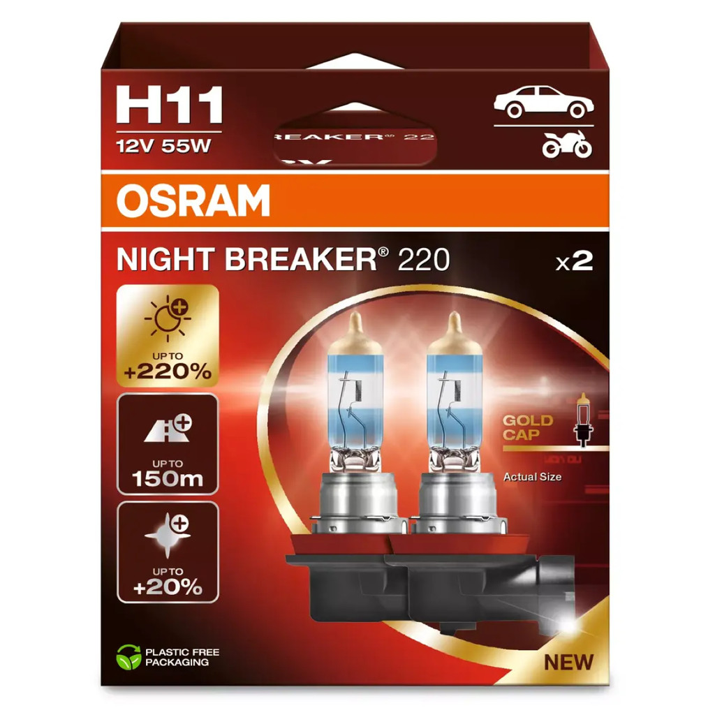 Par de Lâmpada Osram Night Breaker 220 H11 55w 12v + 220% Luz