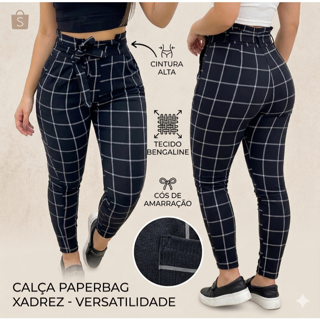 Calça Feminina Clochard Bengaline Xadrez Cintura Alta Com Laço Tendência Blogueira Social Elegante Confortável Moda Brás