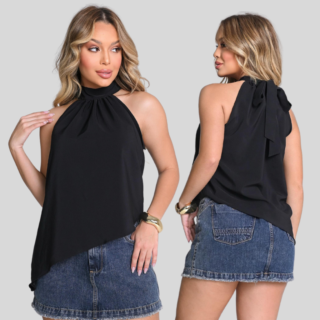 Blusa Bata Amarração Gola Decote Halter Alta Laço Assimétrico Tendência Franzido Tendência Crepe