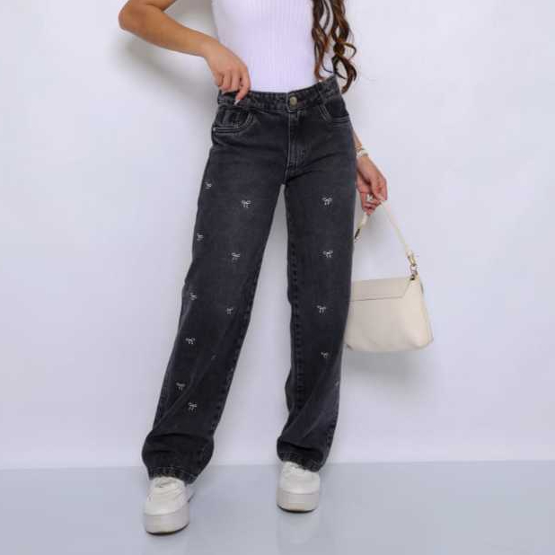 Calça Jeans Feminina Wide Leg Bordados Laços | Cintura Alta Tendência Y2K / Blogueira
