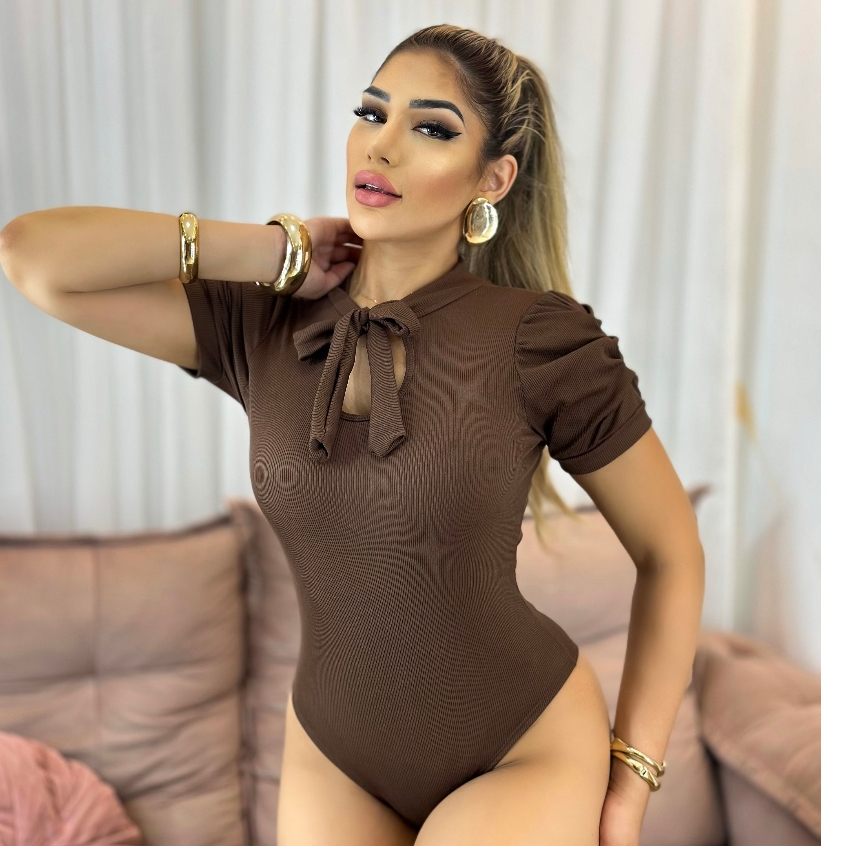 Body Feminino Canelado Manga Princesa Com Laço Gola Alta Luxo Tendência Verão , Garotta Marotta