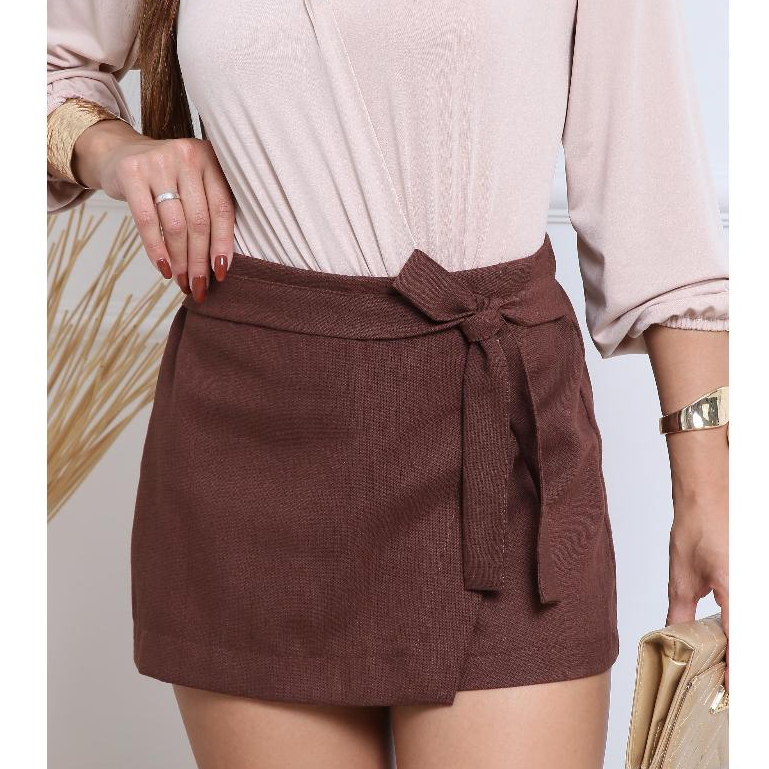 Short Saia Cintura alta Feminino detalhe Assimétrico cinto/laço frontal tendência inverno 2026