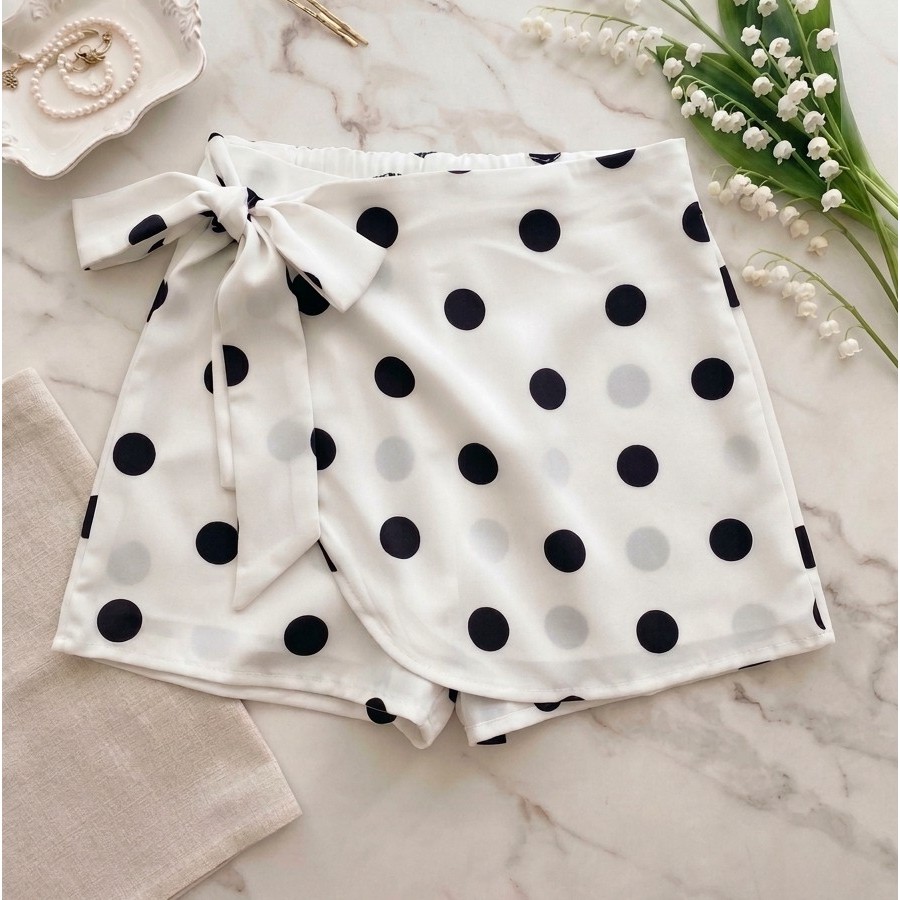 Short Saia Feminina Poá De Bolinha Cintura Alta com Elástico Amarração Laço Elegante Tecido Leve Tendencia Moda Verão