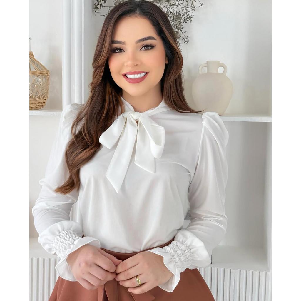 Blusa Feminina Social Elegante Branca Manga Longa com Laço no Pescoço Gola Alta Chique Moda Executiva Casual Tendência