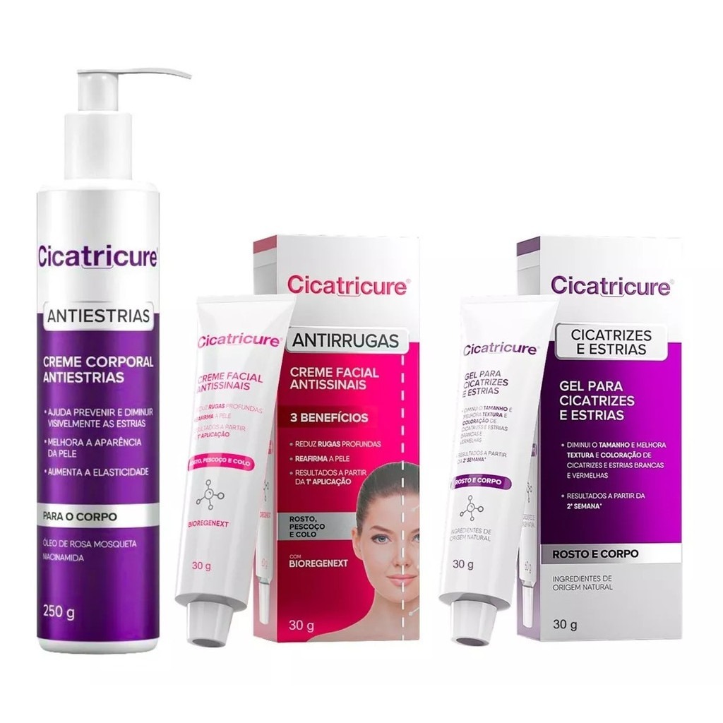 KIT CICATRICURE CREME CORPORAL + GEL ANTIESTRIAS 30g + ANTIRRUGAS 30g