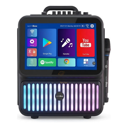 Karaokê Portátil SomBox D-XK422 Tela Touch 13.3 Android Smart Caixa de Som Potente 80W RMS Bluetooth Wi-Fi + 2 Microfone