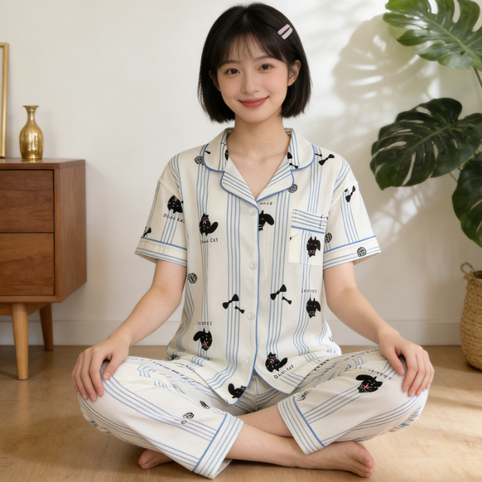 Simples Listra Gatinho Crinkle Manga Curta Calças Conjunto De Pijama Feminino Pijamas