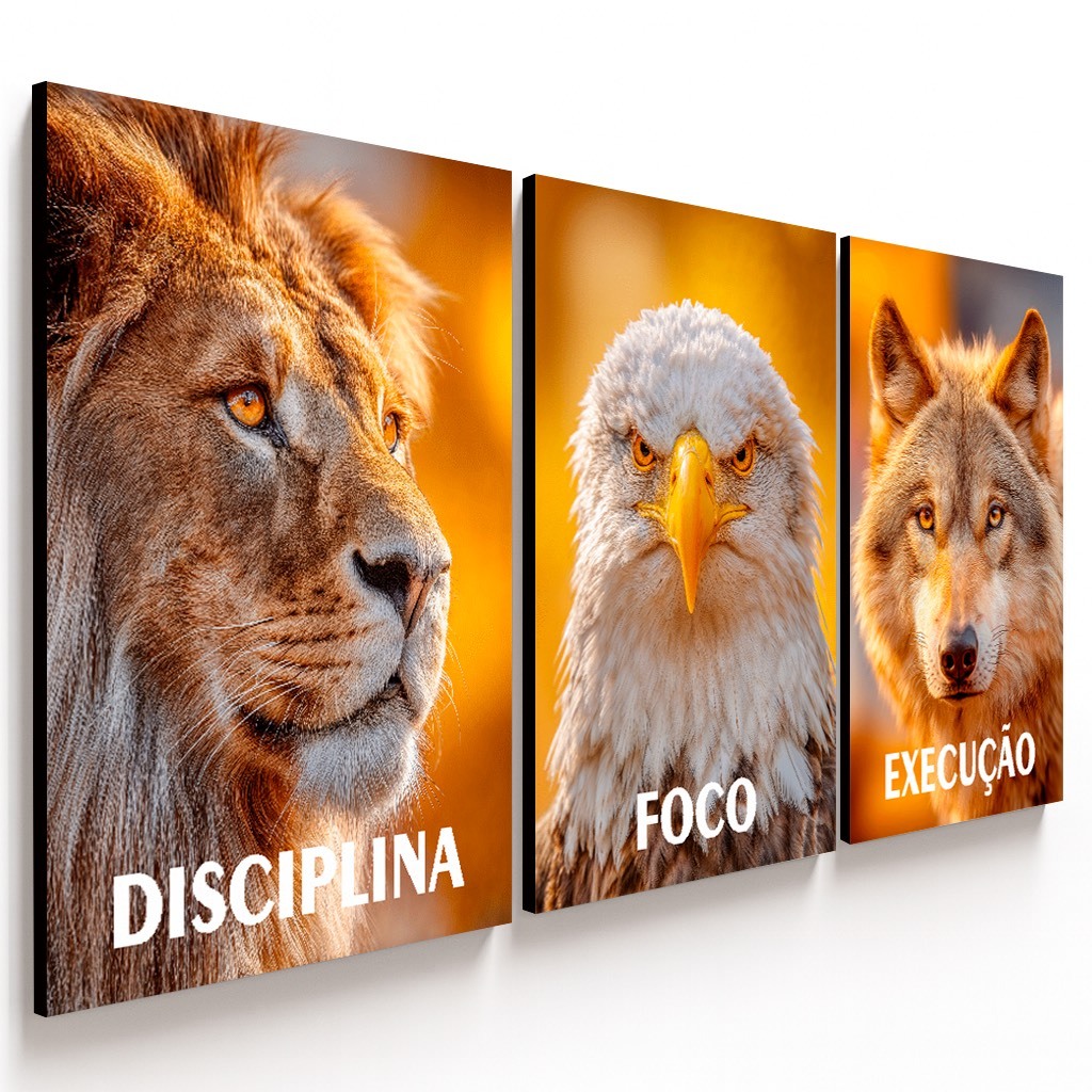 Quadros decorativos Animais Leão Águia Lobo com Disciplina Foco Execução (3 peças)