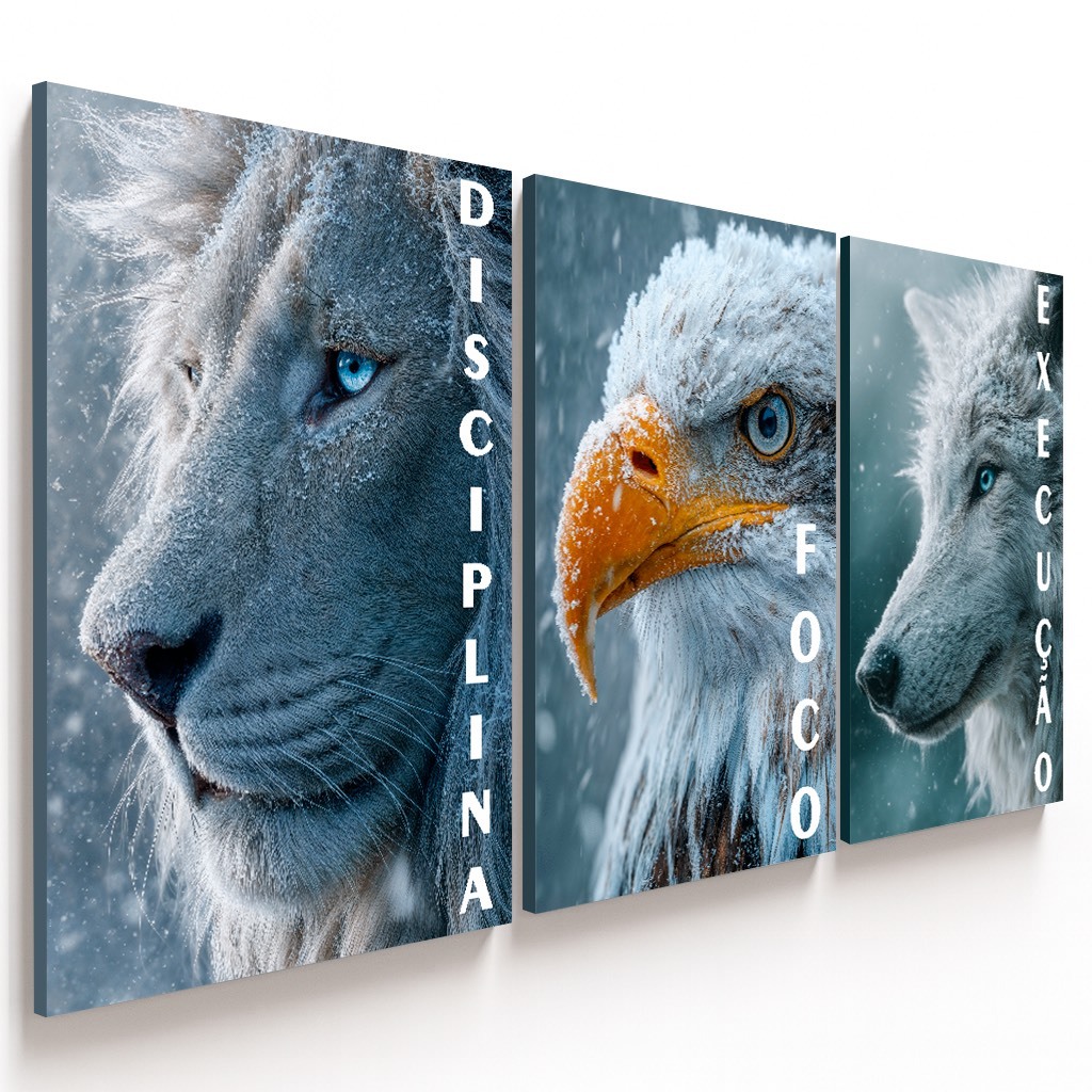 Quadros decorativos Animais da Neve Lobo Águia Leão Foco Disciplina Execução (3 peças)