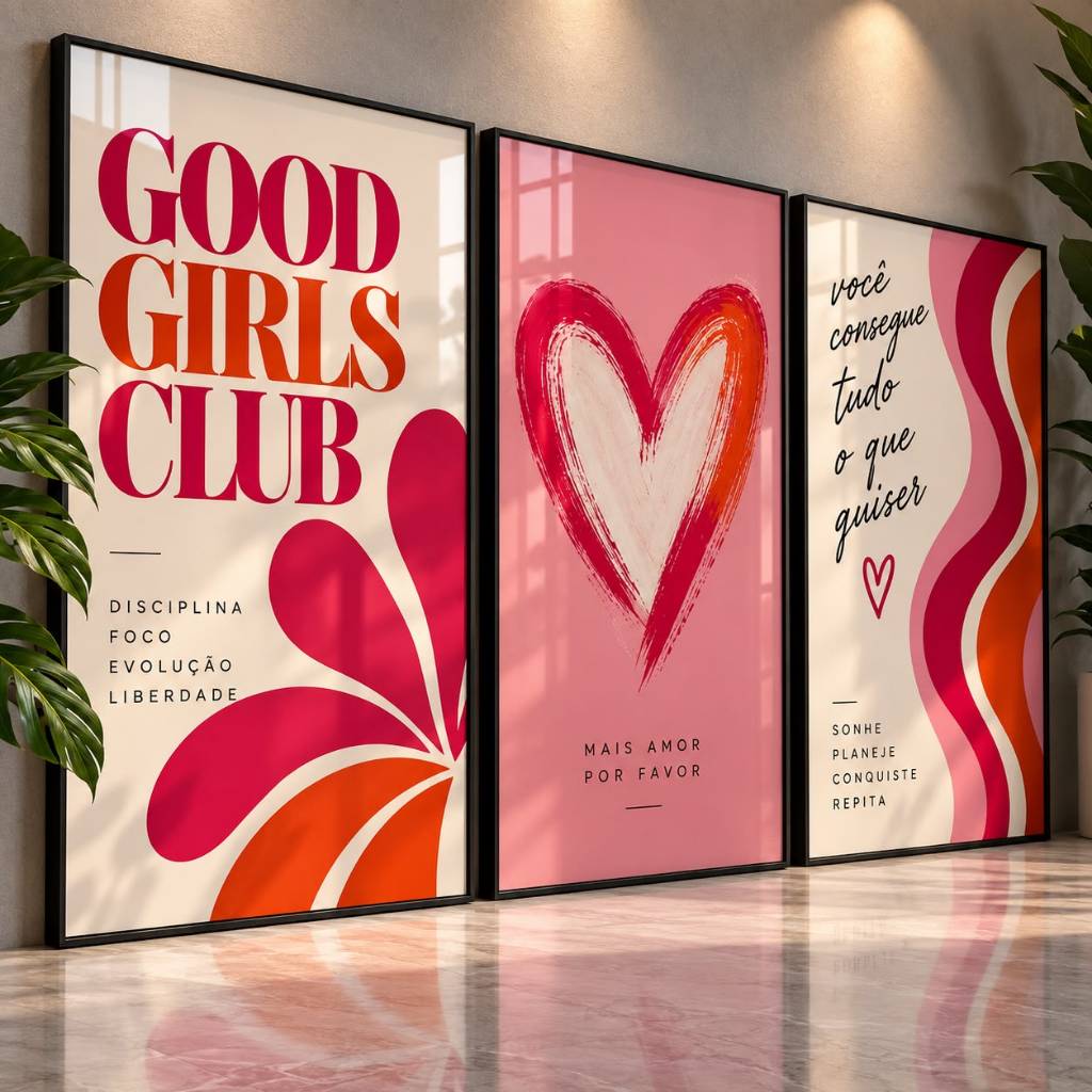 Kit 3 Quadros Decorativos Femininos para Quarto Rosa Decoração Tumblr Moderna Frases Foco Amor