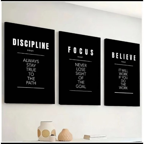 Quadros decorativos Disciplina, foco e acreditar motivacional (3 peças)