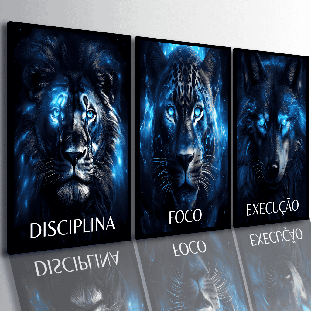 Quadros Decorativos Leão Disciplina Foco Motivacional Lobo Azul Sala Quarto