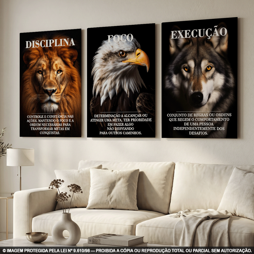 Trio Quadros Lobo, Águia e Leão – Execução Foco Disciplina | Quadros Decorativos em MDF