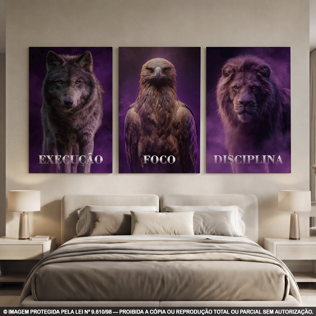 Kit 3 Quadros Decorativos Lobo Águia e Leão – Execução, Foco e Disciplina em Tons Roxos para Sala, Escritório, Academia