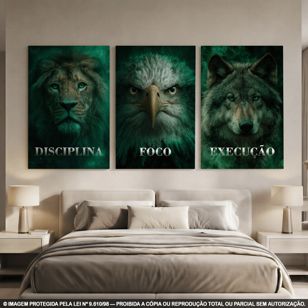Kit 3 Quadros Decorativos Leão Águia e Lobo – Disciplina, Foco e Execução em Tons Verdes para Sala, Escritório, Academia
