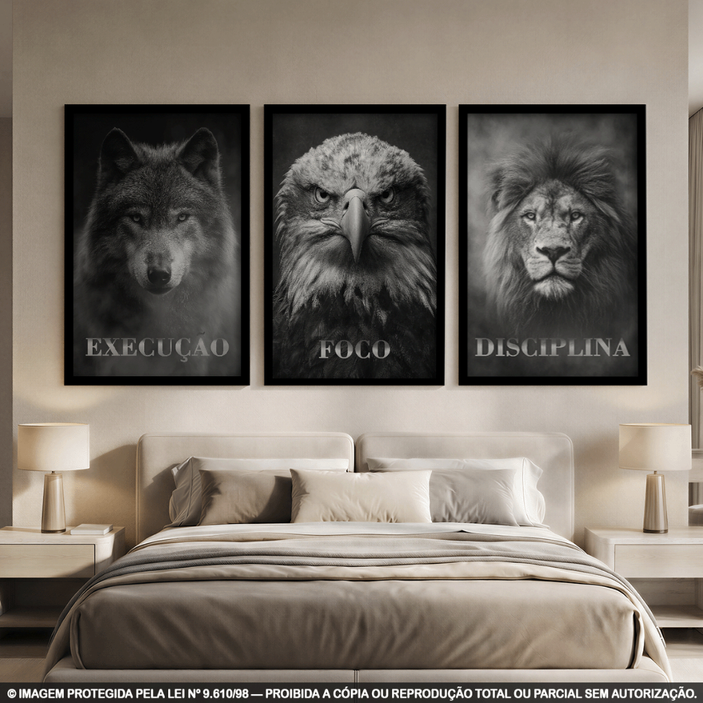Kit 3 Quadros Decorativos Lobo Águia e Leão – Execução, Foco e Disciplina Preto e Branco para Sala, Escritório, Academia
