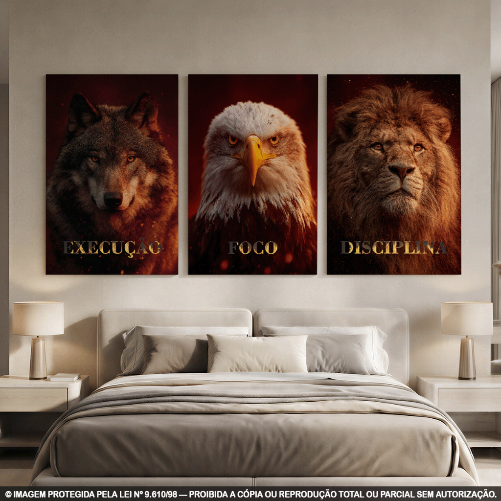 Kit 3 Quadros Decorativos Lobo Águia e Leão – Execução, Foco e Disciplina em Tons Vermelho e Dourado para Sala, Escritór
