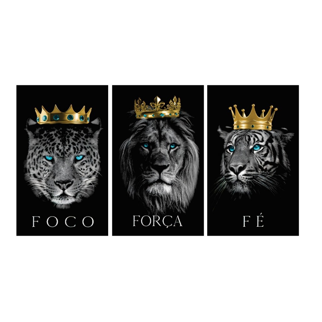 Quadros Decorativos 50x30 Leão Tigre Frase Foco Força Fé Mosaico Sala Quarto Escritório Premium