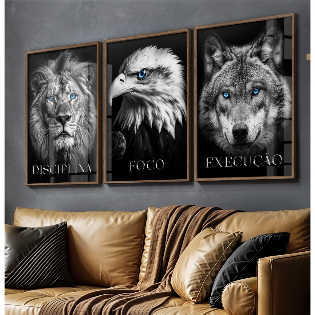 Trio de Quadros Escritório, Leão, Águia, Lobo, Disciplina, Foco, Execução, Grande com Moldura