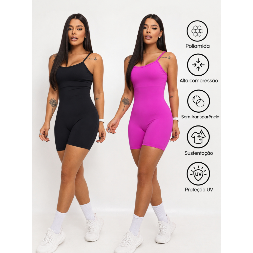 Kit 2 Macaquinhos Fitness Blackout Alcinha Slim Poliamida ZERO TRANSPARÊNCIA Macacão Curto Feminino