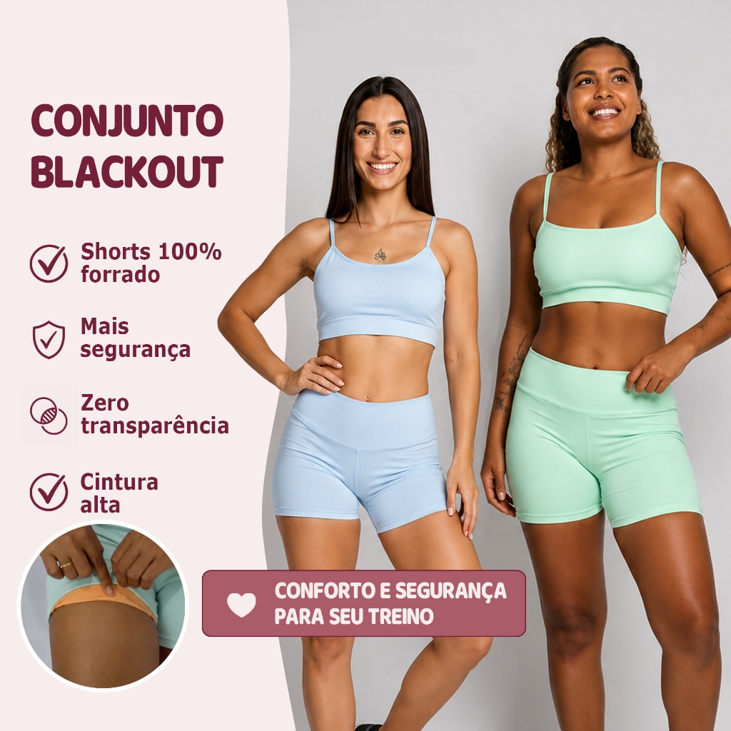 Conjunto Academia Fitness Blackout Shorts Forrado com Poliamida Top Alça Feminino Suplex do PP ao GG
