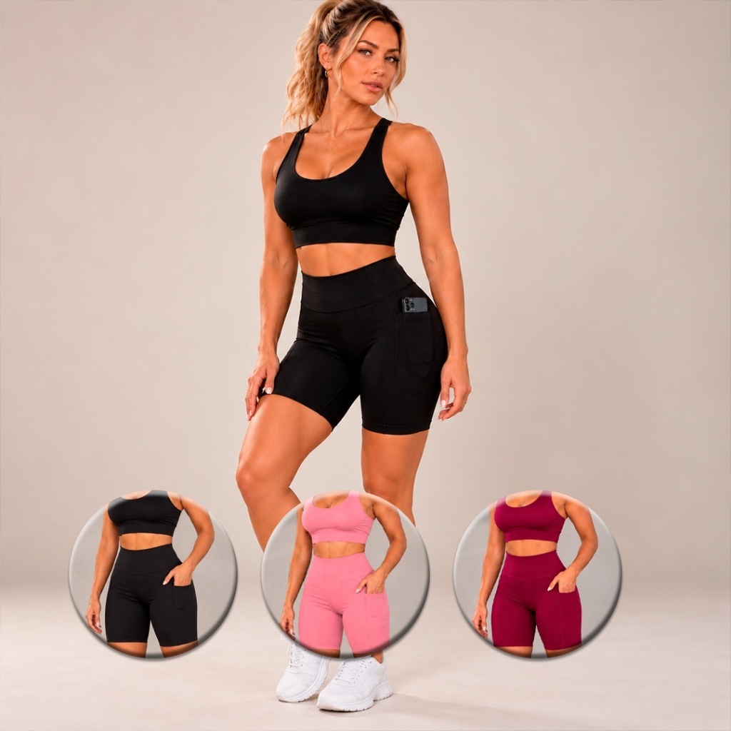 Conjunto Academia Fitness Top e Short Com Bolso Zero Transparência Poliamida Blackout Proteção UV Liso Treino