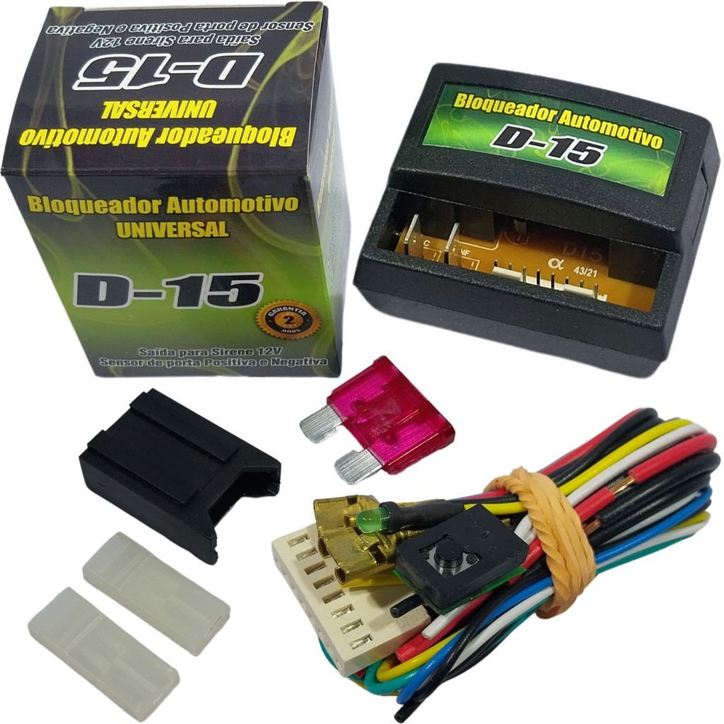 BLOQUEADOR AUTOMOTIVO VEICULAR COM SAIDA PARA SIRENE 12V D-15 CARRO MOTO SENSOR PORTA POSITIVA NEGATIVA CORTA GASOLINA