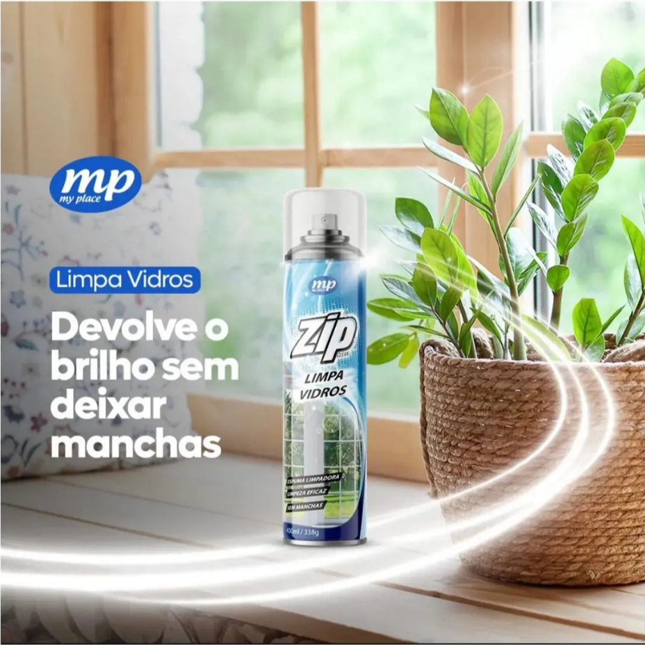 LIMPA VIDROS ZIP CLEAN MY PLACE 400ml SPRAY ESPUMA SEM MANCHAS IMPERMEABILIZANTE BOX E ESPELHOS