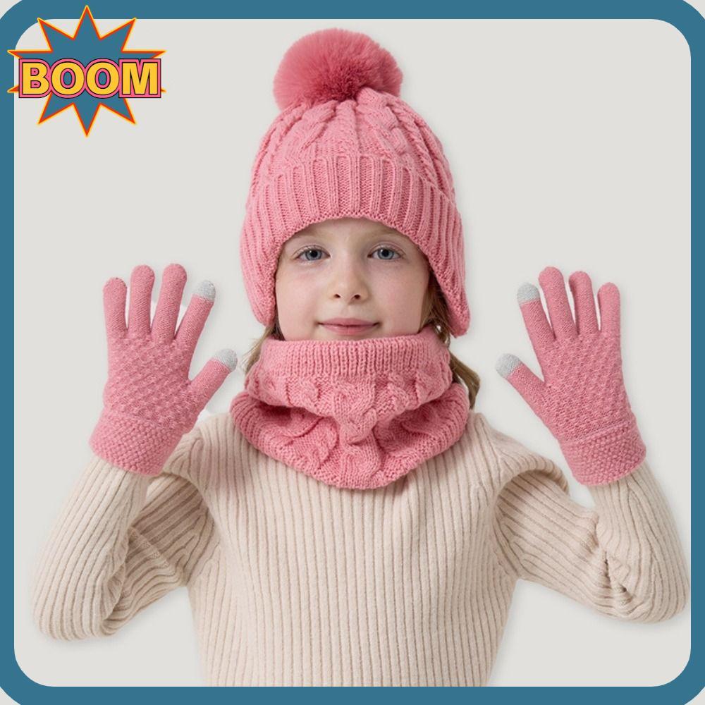 Conjunto De Luvas E Cachecol BOOM , Gorro Quente Para Crianças À Prova De Vento , Chapéus De Malha Com Pompom Grosso De