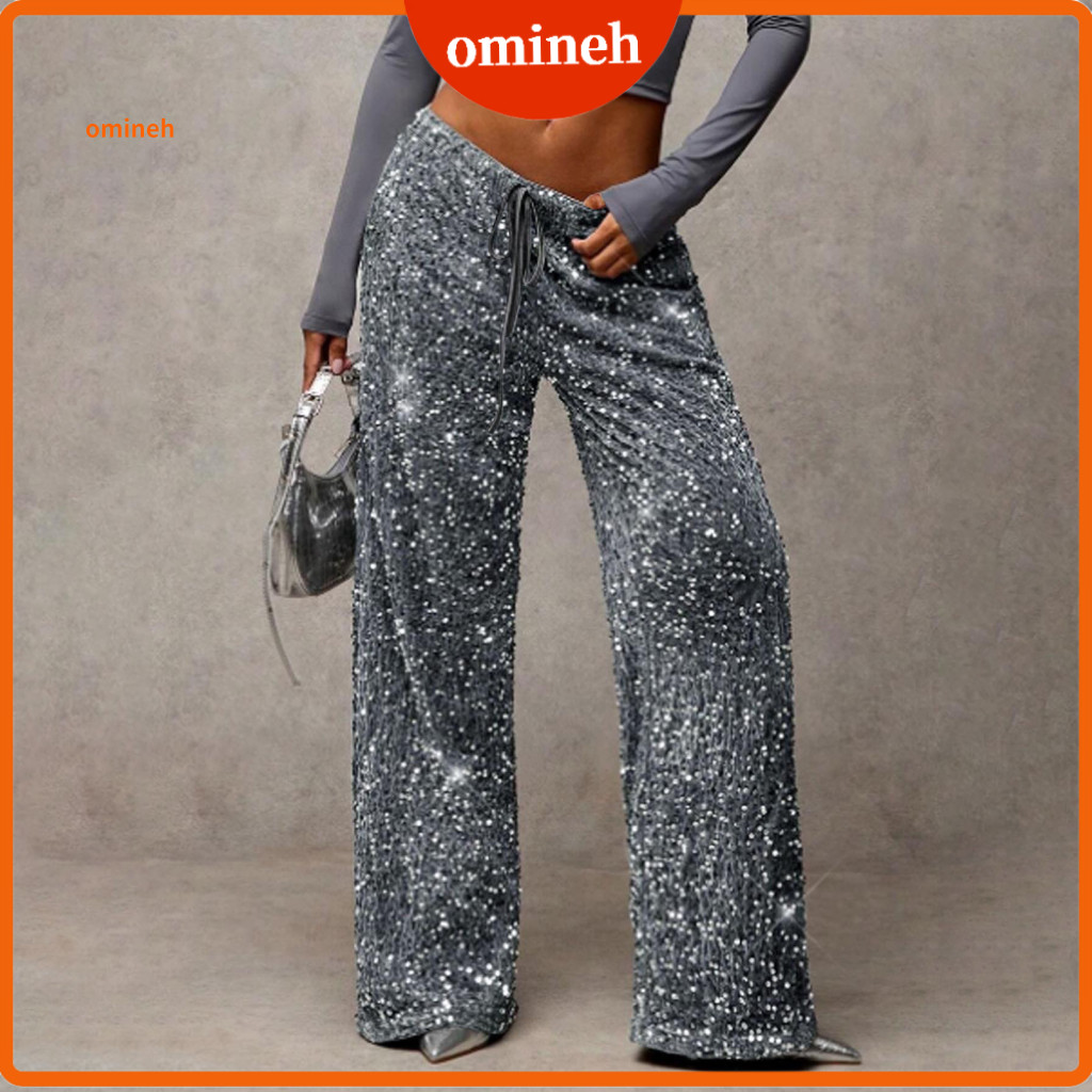 Loose Fit Women Trousers Sequin Pants Women’s High Waist Wide Leg with Design Elastic Drawstring Party Stylish for Eve