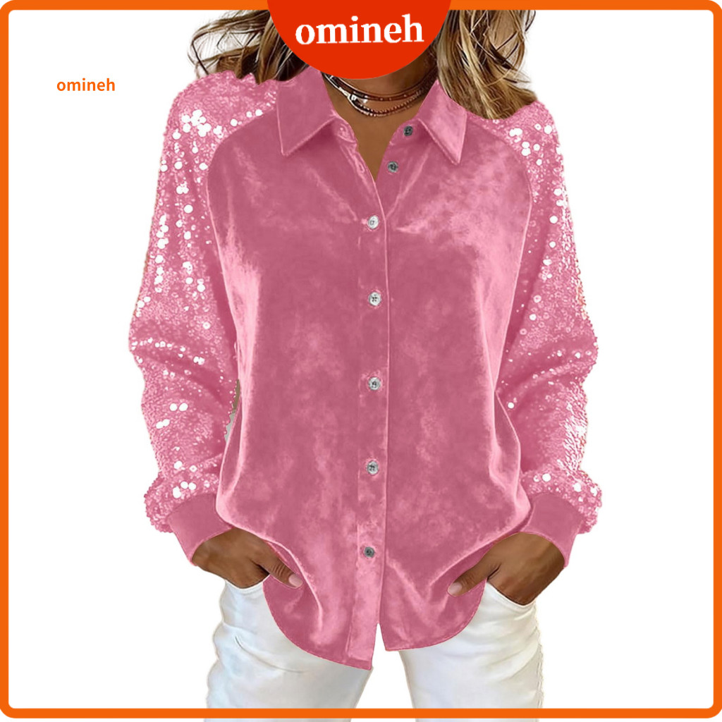 Long Sleeve Women Blouse Glittering Party Top Women’s Button-down Velvet Shirt with Shiny Sequin Sleeves Loose Fit Lap