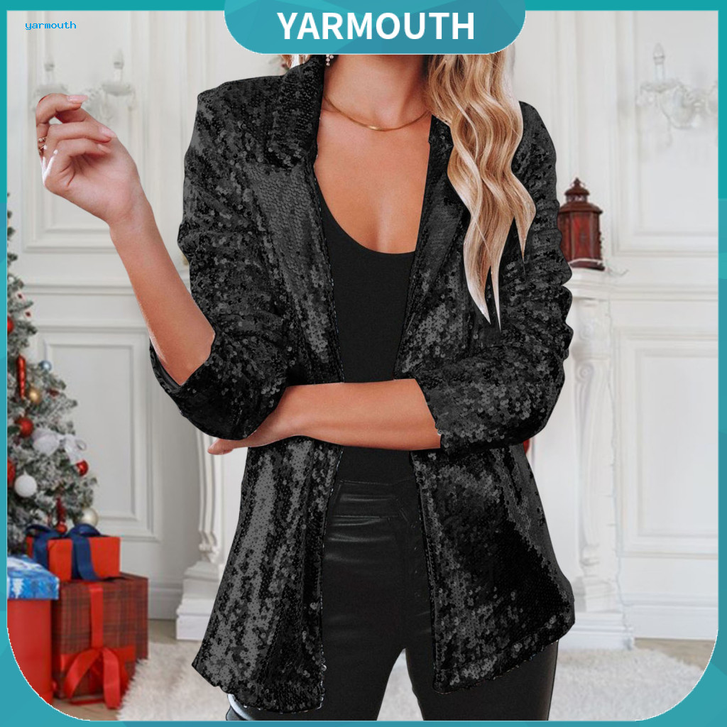 Sequins Suit Coat Solid Color Women’s Sequin Blazer Jacket Shiny Open Front Casual Party Outerwear Stylish Streetwear