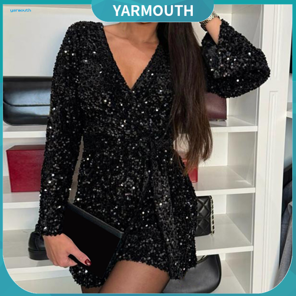 Loose Jumpsuit Women Romper Lady Party Shiny Sequin Deep V Neck Long Sleeve Slim Waist Lace-up Above Knee Dress for Club