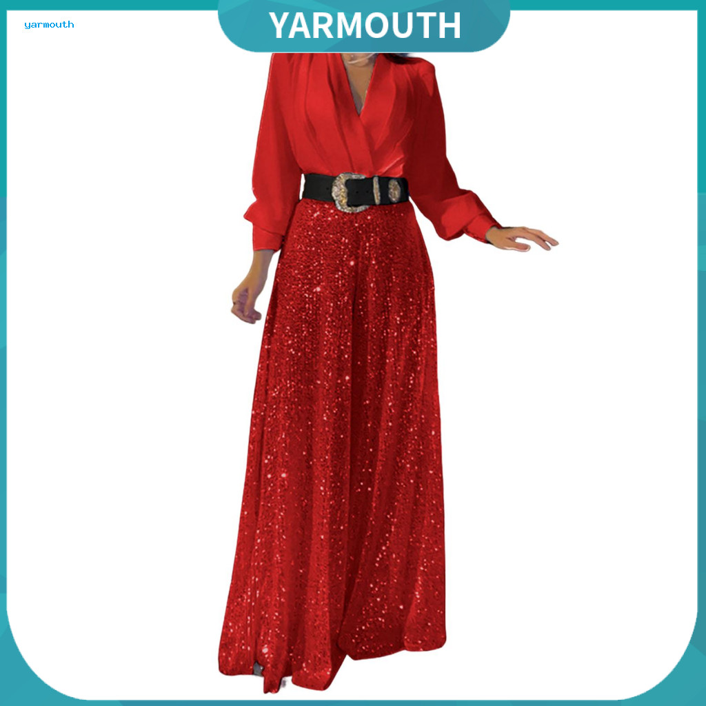 Wide-leg Jumpsuit Slim Waist Lady Evening Wear V Neck Wide Leg Long Sleeves Sequin Formal Party Banquet Full Length Eleg